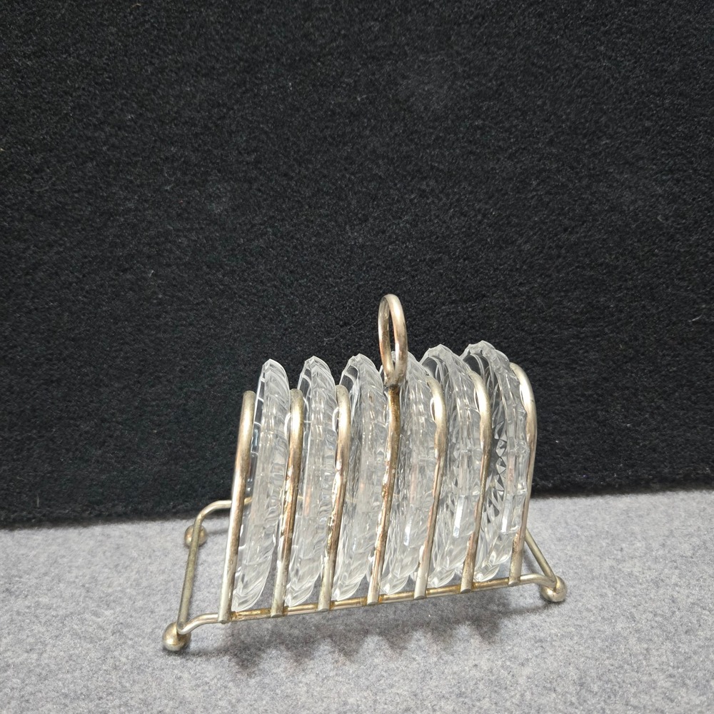 Vintage Cut Glass Coaster Set of 6 & Silver Tone Metal Caddy Rack Princesscore